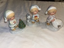 Homco Christmas Children Porcelain Bisque Figurines 5613 Decor Set of 3 Vintage picture