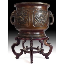 Antique Japanese Meiji Bronze Hibachi Incense Burner Koro Lion Mask Censer 獅子铜香爐 picture
