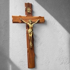 Vintage 1975 Wooden Wall Crucifix Cross Cast Brass Corpus INRI Signed 12 Inch picture