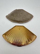 Vintage Melissa Fan Shaped Powder Compact Gold Tone Floral Engraved Mirror picture