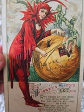 1912 VERY RARE WINSCH Halloween postcard - Red Witch - Green Goblins Witch Wand picture
