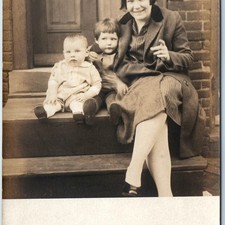 c1920s Smiling Mother w/ Children RPPC Photo Postcard Porch Steps Coat Fashion picture