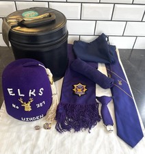 Vintage Elk's Lodge Lot, Bejewelled Fez Hat, Hat Box, Sash, Tie, Clip Tie, Pins, picture