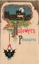 Antique Halloween Arts and Crafts Bat Moon Haunted House Card Vtg Postcard K3 picture
