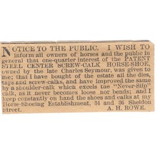A.H. Rowe Steel Center Screw-Calk Horseshoe Hartford 1886 Newspaper Ad AF7-SS8 picture