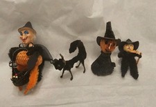 Lot 4 Vintage Early Halloween Honeycomb Chenille Figures Witch Bat Black Cat picture