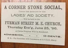 1896 Ticket Ladies’ Aid Society Corner Stone Social Furman Street M.E. Church picture