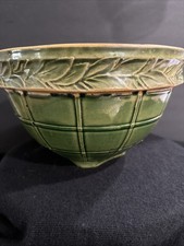 Antique Lg 10” McCoy Stoneware Green Windowpane With Leaves. picture