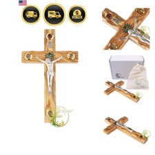 Large Holy Land Olive Wood Wall Crucifix Holds Flowers, Incense, Olive Leaf a... picture