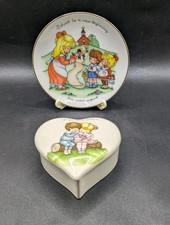 Joan Walsh Anglund Heart Shaped Trinket Dish And Mini Plate Bundle Vintage JWA picture