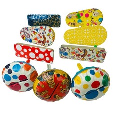 Lot Of 9 Vintage Tin Litho Noisemakers Circus Clown polkadot picture