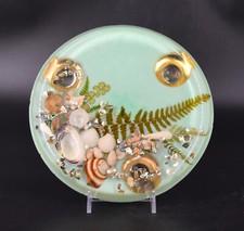 VTG Large Acrylic Resin Round Trivet Seashells Ferns Aqua Beach Footed 7.5