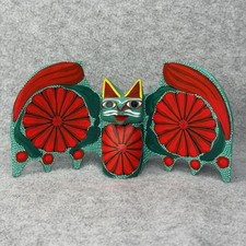 BAT Wood Carving Mexican Folk Art Alebrije Oaxaca Mexico Figurine Red Green picture