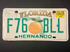2006 Florida License Plate F76 BLL ... HERNANDO COUNTY, ORANGE & GREEN STATE MAP picture