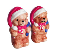 Rare Vintage Enesco Teddies Christmas Santa Hat Bag Salt & Pepper Shakers picture