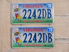 Virginia JUVENILE DIABETES RESEARCH JDRF Tin License Plate Set TAG # 2242DB picture