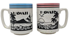 VTG Speckled Stoneware Pottery Hawaii Coffee Mug Cup Set 2 Beach Shell Palm Tree picture