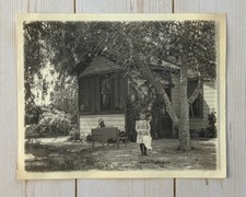 Antique Snapshot Photo Cute Young Girl Posing Under Tree Next To Home picture