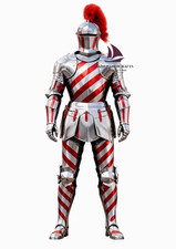 ZAIN Medieval Full Body Knight Armor Suit, Red Silver Steel Cosplay Costume picture