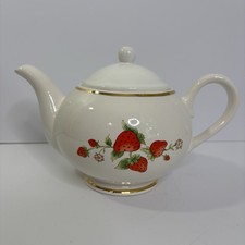 Vintage Teleflora Strawberry Time Teapot Ceramic Gold Accents picture