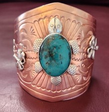  TURTLE COPPER CUFF  Navajo Hand Tooled Genuine TURQUOISE 1.5