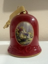 2008 Thomas Kinkade Red Christmas Bell Ornament Porcelain Snowflake Clapper picture