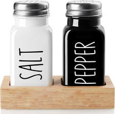 Salt and Pepper Shakers Set with Holder - Glass Salt Shaker with Wood Caddy for picture