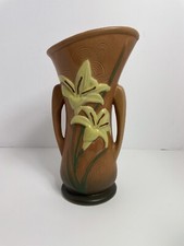 Roseville Pottery 135-9 Reproduction Lily Floral Handle Vase Mint 9” picture