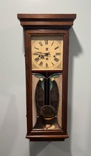 San Francisco Clock Company Large Oak Clock 32”Tall w/ Chimes, Stained Glass. picture