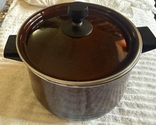 Vtg 70's SCANDIA West Bend Brown Enamel Steel Striped 6 QT Stock Pot W/ Lid MCM picture