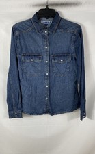 Refill Women's Blue Denim Long Sleeve Button Up Western Snap Shirt XL NWT picture