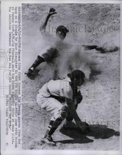 1955 Press Photo Kansas City Vic Powers Slides Home Past Sammy White Of Boston picture