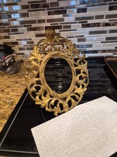 Antique CAST IRON ORNATE OVAL FRAME Easel Back Leaf Design,10.5