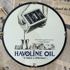 VINTAGE 1934 HAVOLINE OIL REFINING COMPANY 12 INCH PORCELAIN ENAMEL SIGN picture