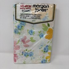 Vintage Morgan Jones No Iron Blue Pink Green Floral Standard Pillowcases Set 2 picture