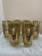 Vintage Culver 6 Green Scroll & 22K Gold Hi Ball Glasses picture