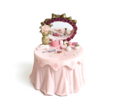 Vintage Pink Vanity Table Trinket Box Resin Lidded Jewelry Dish Mirror Coquette picture