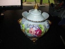 Vintage Hand painted Biscut Jar,Signed & Dated 1971,Pretty Detailing,Gold Trim picture