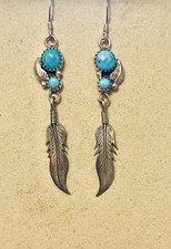 VTG NATIVE AMERICAN NAVAJO STERLING SILVER TURQUOISE DANGLE FEATHER EARRINGS picture