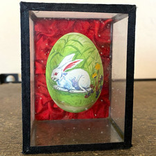 Hand Painted Glass Easter Bunny Collector Egg w/ Display Box Green White picture