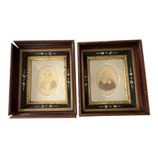 Antique c1855-1865 Hand Enhanced Portrait Photographs Pair Deep Wood Frames 15