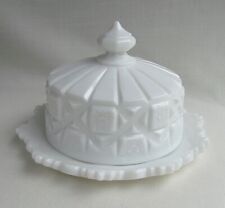Vintage Westmoreland Milk Glass Old Quilt Round Covered Cheese Butter Dish 7