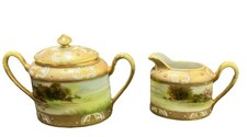 (3Pc) Nippon Gold Moriage  Creamer & Lidded Sugar Bowl Hand Painted Scenes (A2) picture