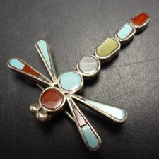 Signed Vintage ZUNI Sterling Silver TURQUOISE CORAL MOP Dragonfly PIN/PENDANT picture