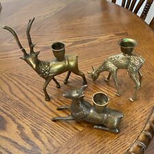 Set Of 3 Brass Deer Tapered Candle Holders Vintage picture