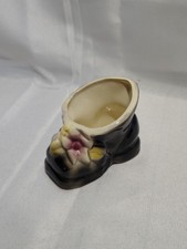 Vintage Ceramic Black Boot Planter with Pink & Yellow Flowers - 4 1/4