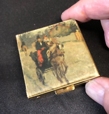 Antique Small Powder Brass Compact Case With Italian Embossed Silk Cover 2” x 2