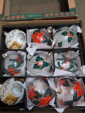 Poland Handblown Glass Christmas Ornaments Set 9 Holly & Gold Reflector Indent picture
