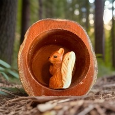 Vintage Three Rivers California Redwood Souvenir Squirrel Figurine in Hollow Log picture