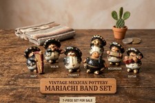 7pc Vintage Mexican Mariachi Ceramic Figurine Set Folk Art Musicians Sombrero picture
